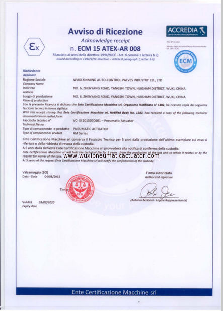 China Wuxi Xinming Auto-Control Valves Industry Co.,Ltd Certification